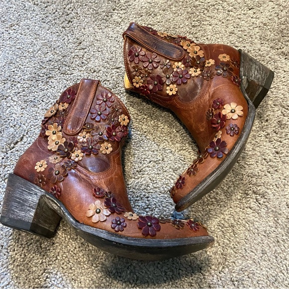 Old Gringo Hippy Dance Boots Burnished Leather 3D Appliquéd Studded Flowers 7.5B - Picture 3 of 16